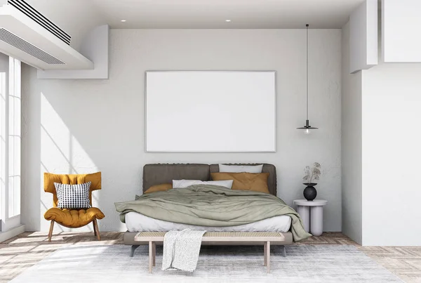 Mock Poster Frame Moderne Interieur Achtergrond Slaapkamer Zijn Decoraties Scandinavische — Stockfoto