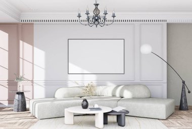 Poster çerçevesini modern iç plan, oturma odası, dekorasyonlar, İskandinav tarzı, 3D görüntüleme.