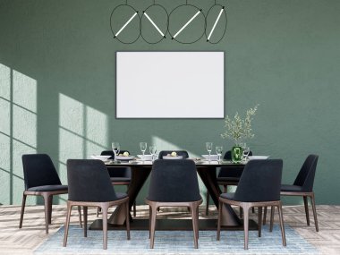 Poster çerçevesini modern iç plan, yemek odası, dekorasyon, İskandinav tarzı, 3D görüntüleme.