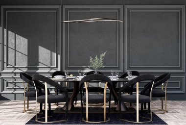 Poster çerçevesini modern iç plan, yemek odası, dekorasyon, İskandinav tarzı, 3D görüntüleme.