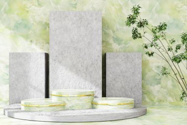 Podium product display stand with nature leaves and stones marble on abstract background. 3D rendering