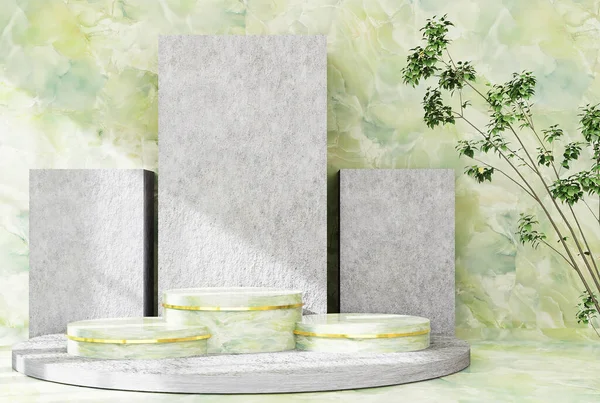 Podium product display stand with nature leaves and stones marble on abstract background. 3D rendering