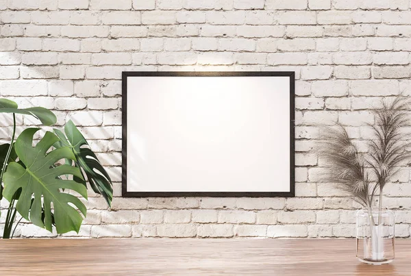 Wood table background with sunlight window create leaf shadow on wall with blur indoor green plant foreground. panoramic banner mockup for photo frame with tile wall background, 3D Rendering