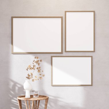 Furniture and fixture with neutral tones, minimal wood texture with sunlight window create leaf shadow on wall with blur indoor green plant foreground. panoramic banner mockup for Set of 3 photo frame with wall paint background, 3D Rendering