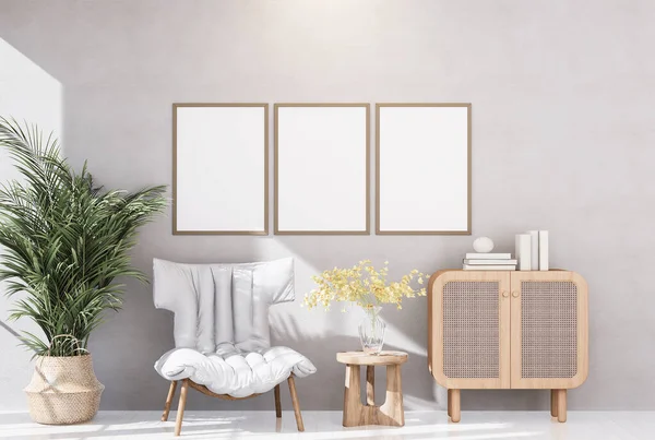 Furniture and fixture with neutral tones, minimal wood texture with sunlight window create leaf shadow on wall with blur indoor green plant foreground. panoramic banner mockup for Set of 3 photo frame with wall paint background, 3D Rendering