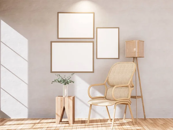 Furniture and fixture with neutral tones, minimal wood texture with sunlight window create leaf shadow on wall with blur indoor green plant foreground. panoramic banner mockup for Set of 3 photo frame with wall paint background, 3D Rendering
