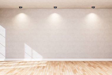 Boş oda renk duvarıyla ve ahşap zeminlerle dekore edilmiş evin iç mimarisi. 3B görüntüleme