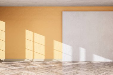 Boş oda renk duvarıyla ve ahşap zeminlerle dekore edilmiş evin iç mimarisi. 3B görüntüleme