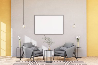 mock up poster frame in modern interior fully furnished rooms background, living room, Scandinavian style, 3D rendering