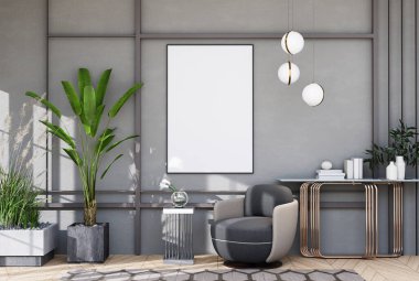 mock up poster frame in modern interior fully furnished rooms background, living room, Scandinavian style, 3D rendering