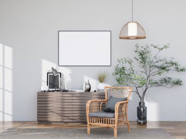 mock up poster frame in modern interior fully furnished rooms background, living room, 3D rendering