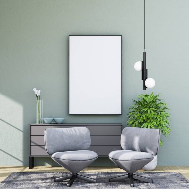 mock up poster frame in modern interior fully furnished rooms background, living room, 3D rendering