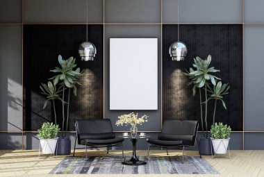 mock up poster frame in modern interior fully furnished rooms background, living room, 3D rendering