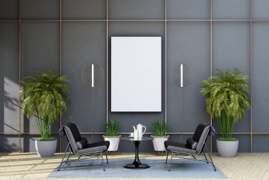 mock up poster frame in modern interior fully furnished rooms background, living room, 3D rendering