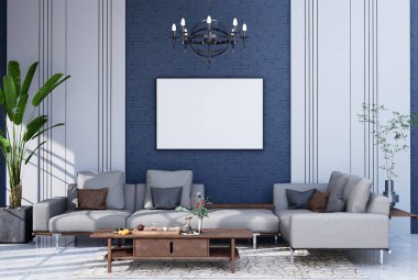 mock up poster frame in modern interior fully furnished rooms background, living room, 3D rendering