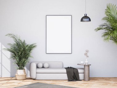 mock up poster frame in modern interior fully furnished rooms background, living room, 3D rendering