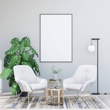 mock up poster frame in modern interior fully furnished rooms background, living room, 3D rendering
