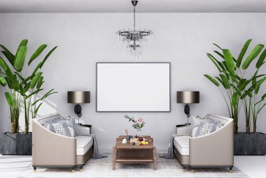 mock up poster frame in modern interior fully furnished rooms background, living room, 3D rendering
