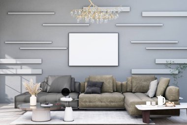 mock up poster frame in modern interior fully furnished rooms background, living room, 3D rendering
