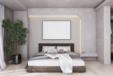 mock up poster frame in modern interior fully furnished rooms background, bedroom, 3D rendering