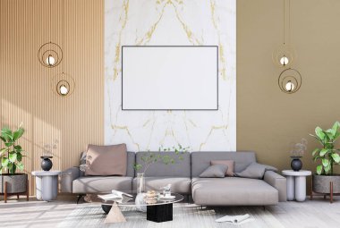 mock up poster frame in modern interior fully furnished rooms background, living room, 3D rendering
