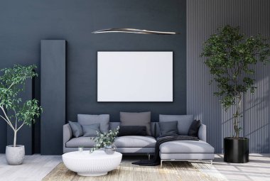 mock up poster frame in modern interior fully furnished rooms background, living room, 3D rendering