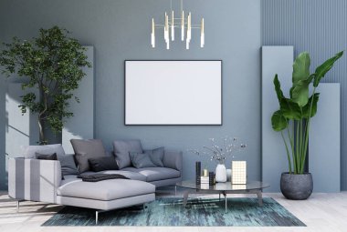 mock up poster frame in modern interior fully furnished rooms background, living room, 3D rendering