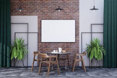 mock up poster frame in modern interior fully furnished rooms background, dining room, 3D rendering