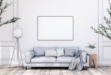 mock up poster frame in modern interior fully furnished rooms background, living room, 3D rendering