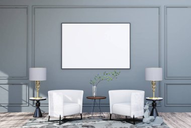 mock up poster frame in modern interior fully furnished rooms background, living room, 3D rendering