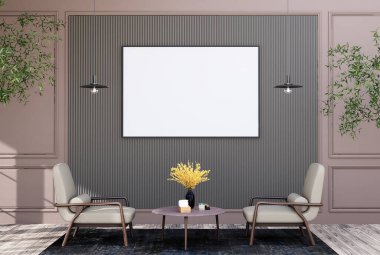 mock up poster frame in modern interior fully furnished rooms background, living room, 3D rendering