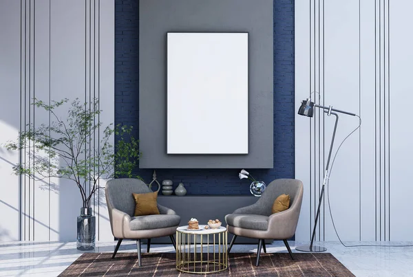 Mock Poster Frame Modern Interior Fully Furnished Rooms Background Living — 스톡 사진