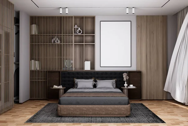 Mock Poster Frame Modern Interior Fully Furnished Rooms Background Bedroom —  Fotos de Stock