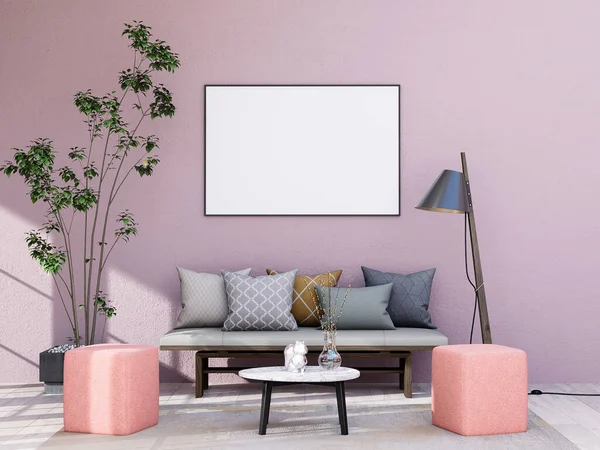 Mock Poster Frame Modern Interior Fully Furnished Rooms Background Living — Stok fotoğraf