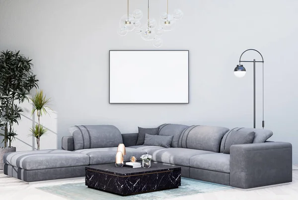 Mock Poster Frame Modern Interior Fully Furnished Rooms Background Living — Fotografia de Stock