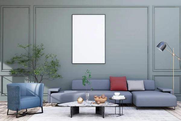 Mock Poster Frame Modern Interior Fully Furnished Rooms Background Living — Foto de Stock