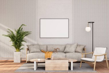 mock up poster frame in modern interior fully furnished rooms background, living room, 3D rendering