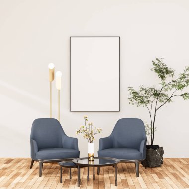 mock up poster frame in modern interior fully furnished rooms background, living room, 3D rendering