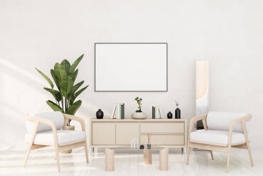mock up poster frame in modern interior fully furnished rooms background, living room, 3D rendering