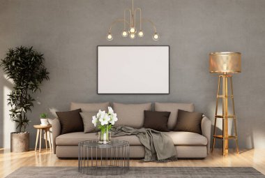 mock up poster frame in modern interior fully furnished rooms background, living room, 3D rendering