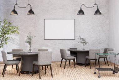 mock up poster frame in modern interior fully furnished rooms background, cafe, Dining room, 3D rendering