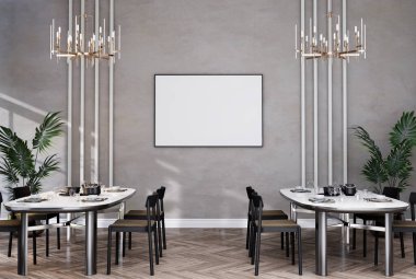 mock up poster frame in modern interior fully furnished rooms background, Cafe, Dining room,, 3D rendering