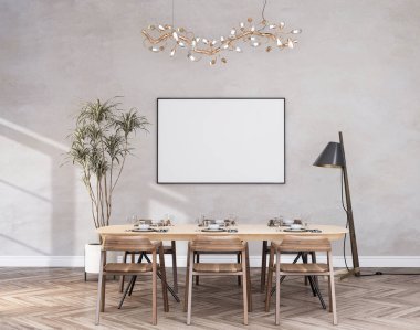 mock up poster frame in modern interior fully furnished rooms background, Cafe, Dining room,, 3D rendering