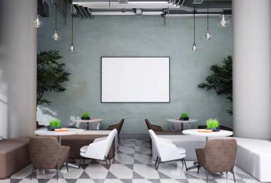 mock up poster frame in modern interior fully furnished rooms background, Cafe, Dining room,, 3D rendering