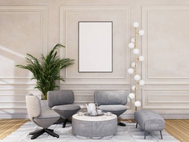 mock up poster frame in modern interior fully furnished rooms background, living room, 3D rendering
