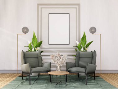 mock up poster frame in modern interior fully furnished rooms background, living room, 3D rendering