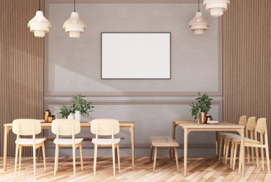 mock up poster frame in modern interior fully furnished rooms background, Cafe, Dining room,, 3D rendering
