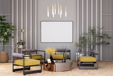 mock up poster frame in modern interior fully furnished rooms background, living room, 3D rendering