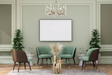 mock up poster frame in modern interior fully furnished rooms background, living room, 3D rendering