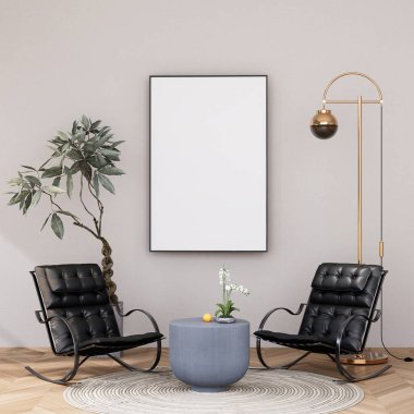 mock up poster frame in modern interior fully furnished rooms background, living room, 3D rendering